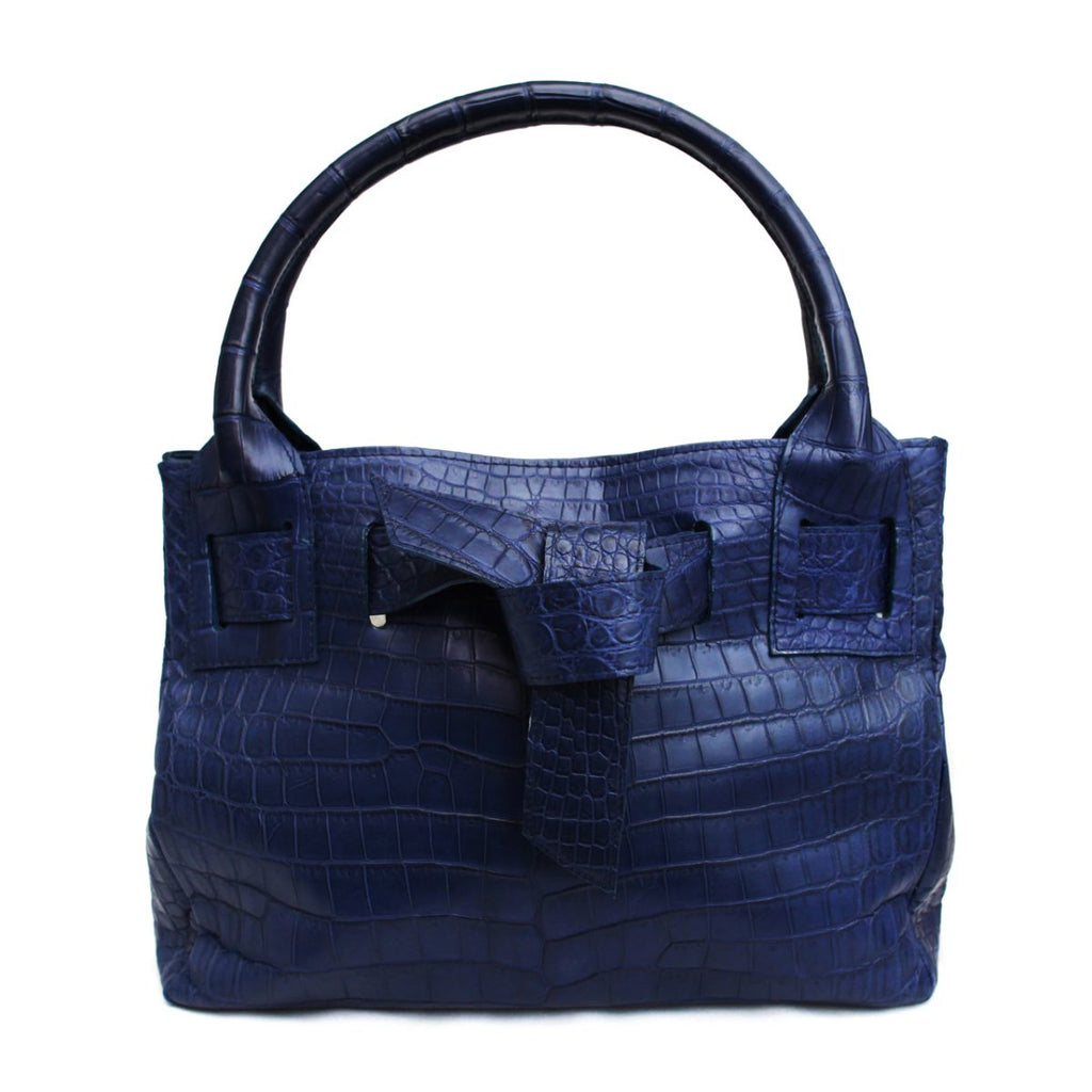 Aura Italian Made Navy Blue Crocodile Embossed Leather Tote Handbag