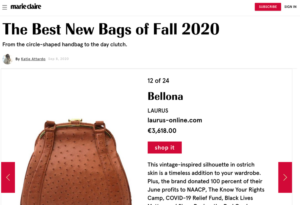 Marie Claire features our Bellona Ostrich Handbag
